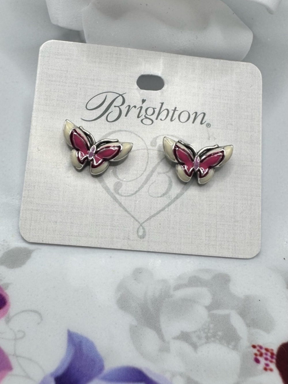 Brighton Silver-Tone Pink & Cream Butterfly Stud Earrings - Picture 2 of 4
